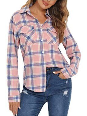 100% Cotton Flannel Plaid Button Down Shirt Women Long Sleeve Casual